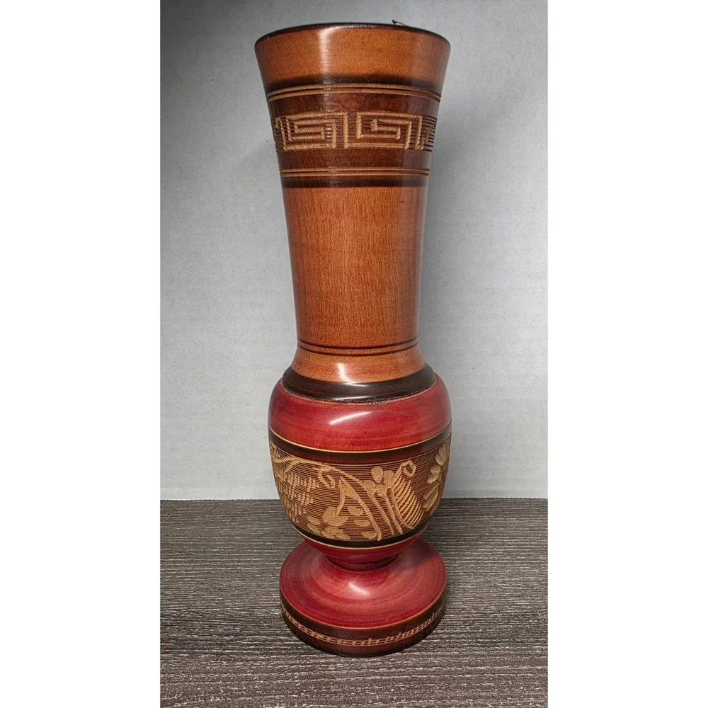 Vintage Hand Carved Wooden Bud Vase Floral Etched Two Tone Brown Red 8